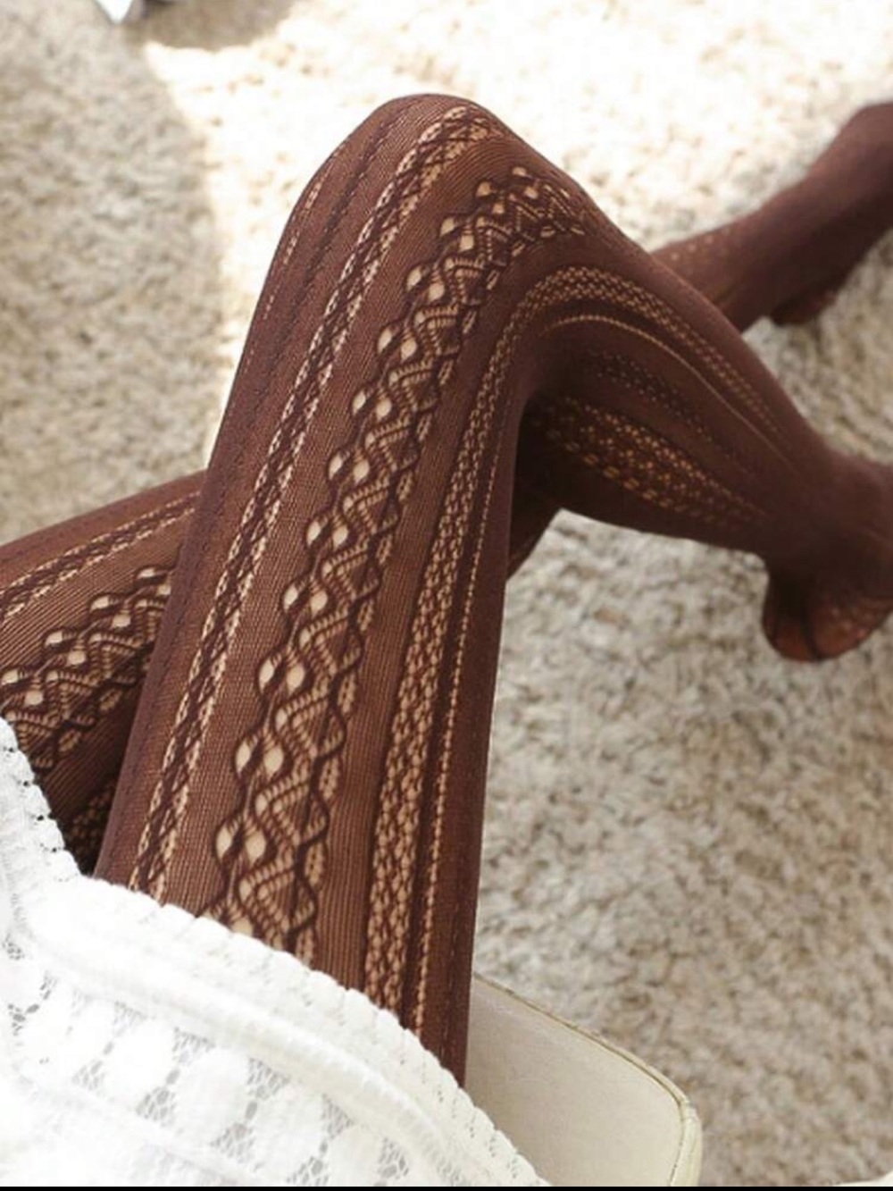 Brown Patterned Knit Tights